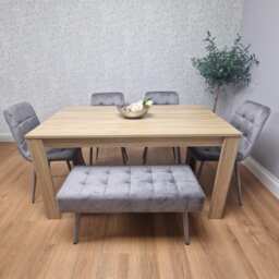 Dining Table and 4 Chairs With Bench Oak Effect Wood Table 4 Grey Velvet Chairs Dining Room