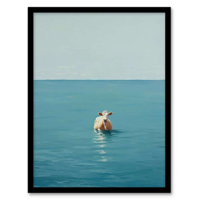Open Water Cow Swimming Bathroom Toilet Home Decor Black Framed Wall Art Print A4