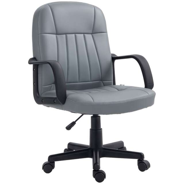 HOMCOM Desk Chair, PU Leather Computer Office Chair with Adjustable Height, Swivel Wheels for Home Work Study, Grey