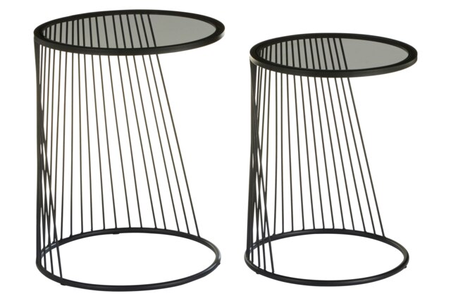 Interiors by Premier Set Of Two Grey Glass Top Black Side Table with Openwire Frame, Black Round Side Tables For Living Room Black