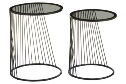 Interiors by Premier Set Of Two Grey Glass Top Black Side Table with Openwire Frame, Black Round Side Tables For Living Room Black