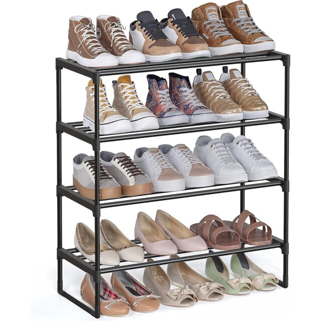 4-Level Shoe Rack, Stackable Metal Organizer Shelf for Compact Entryway or Closet Storage, Black
