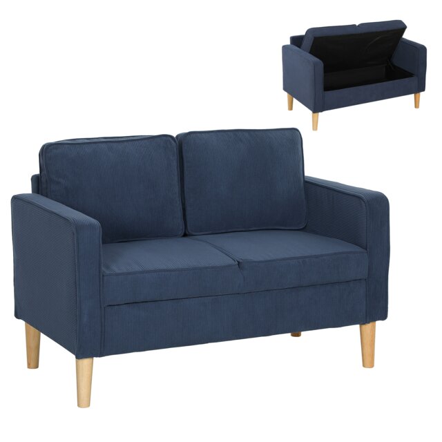 HOMCOM Compact 2 Seater Sofa with Under Seat Storage for Small Spaces Blue