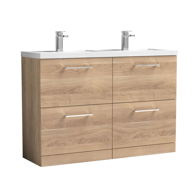 Balterley Level Floor Standing 4 Drawer Vanity Unit & Double Basin for Modern Bathroom Storage Brown Bleached Cuneo Oak