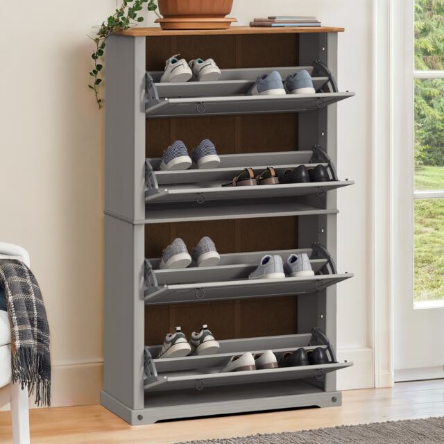 Corona Grey Wax 4 Shelf Shoe Rack Chest Solid Wood Mexican Pine Wooden Hallway Storage