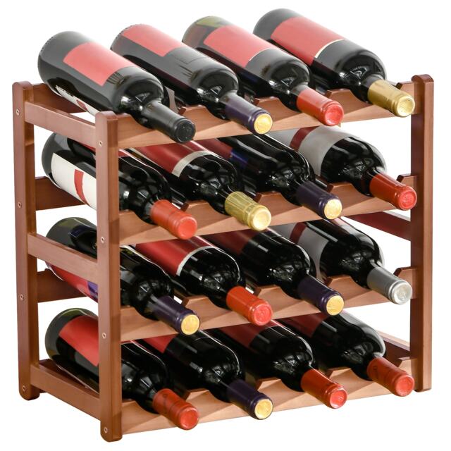 HOMCOM Free Standing Bamboo Wine Rack with 16 Bottles Holder, 4-tier Water Bottle Organiser, Display Shelf for Countertop, Home Bar, Brown
