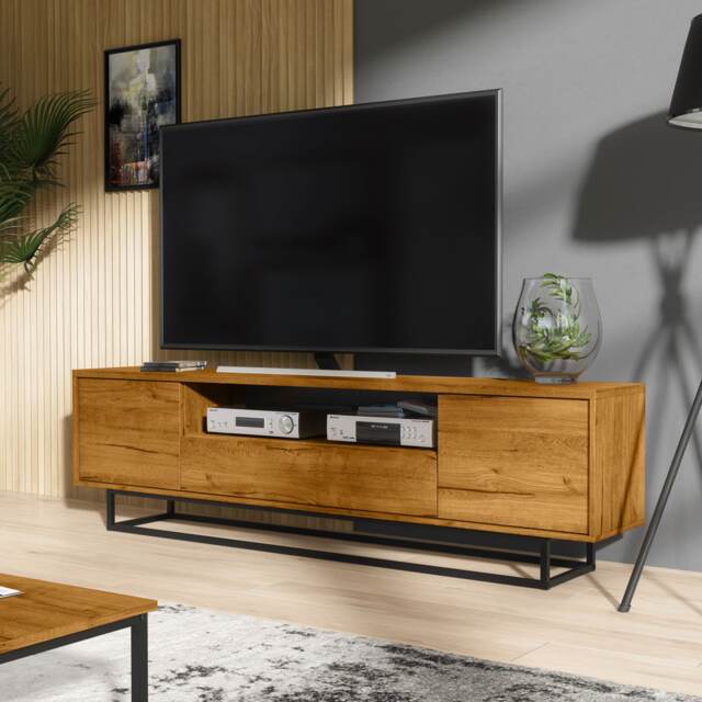 TV Unit Sideboard Cabinet Storage Cabinet Oak Black Metal Frame Loft 200cm