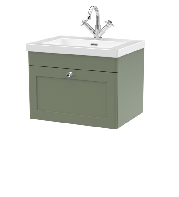Balterley Swynnerton Traditional 1 Drawer Wall Hung Vanity Unit with Fireclay Basin, Satin Green, 600mm