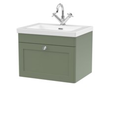 Balterley Swynnerton Traditional 1 Drawer Wall Hung Vanity Unit with Fireclay Basin, Satin Green, 600mm