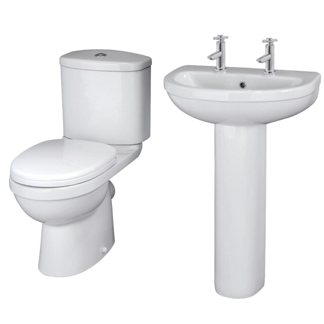 Vito Ceramic Bathroom Bundle - Toilet Pan with Cistern & Soft Close Seat, 550mm 2 Tap Hole Basin & Full Pedestal - Balterley