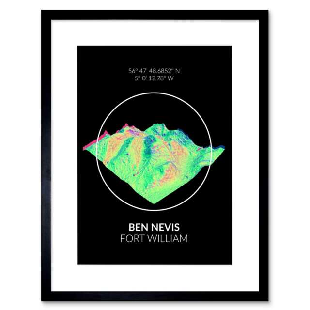 "Ben Nevis Mountain Neon Topography Highland Scotland 9x7"" Black Framed Wall Art Print"
