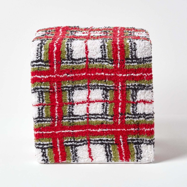 Homescapes Red and White Tartan Pattern Tufted Cotton Cube Pouffe - 36 x 36 x 38 cm