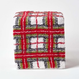 Homescapes Red and White Tartan Pattern Tufted Cotton Cube Pouffe - 36 x 36 x 38 cm