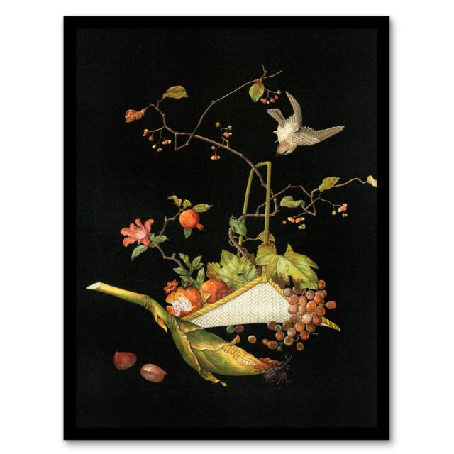 "Stylised Still Life with Bird Audsley Vintage Framed Wall Art Print 12X16"""