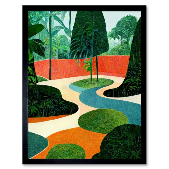 Midcentury Style Garden Jungle Orange Teal Green Framed Wall Art Print