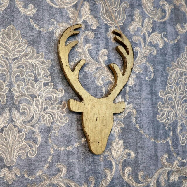 26cm Golden Christmas Wooden Hanging Deer Head Wall Decoration Xmas Home Office Holiday Decorative Centrepiece