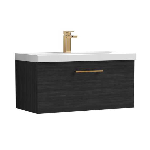 Balterley Wall Hung Bathroom 1 Drawer Vanity Unit and 1 Tap Hole Ceramic Basin, with Handle Black Charcoal Black