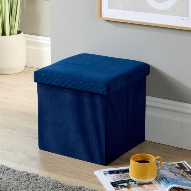 Ottoman Storage Chest Folding Corduroy Fabric Solid Storage Box Blue Blue