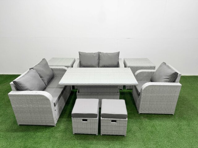 Fimous High Back Poly Rattan Garden Furniture Set with Reclining Chair Loveseat Sofa Adjustable Lifting Dining or Coffee Table Indoor Outdoor Patio Set 2 Stool 2 Side Table Light Grey
