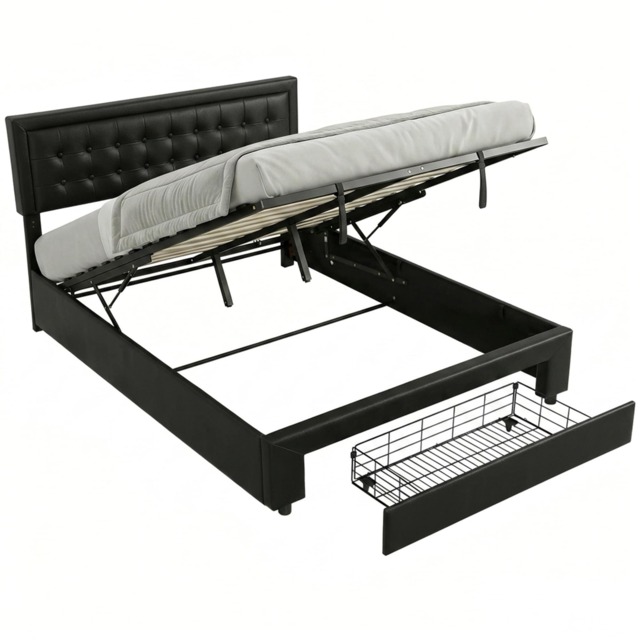 HOMCOM King Bed Frame with Storage and Adjustable Headboard