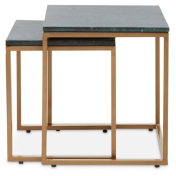 Orsina Nest Of 2 Green Marble Top Tables, Square Green Marble Surface With Gold Finish Iron Frame, Nesting Tables