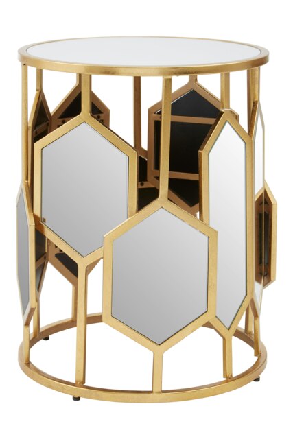 Interiors by Premier Luxe Side Table With Hexagonal Mirror, Modern Design Gold Finish Bedside Table, Round Table With Glass Top Gold