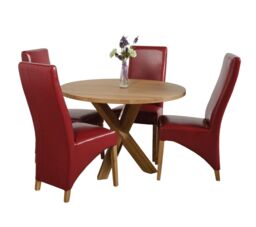 Oregon Round Oak Dining Table and 4 Lola Leather Chairs Red Red 1