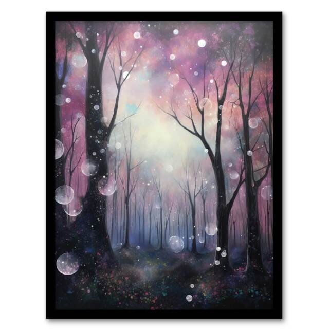 Enchanted Forest Bubbles Oil Pink Winter Black Framed Wall Art Print A4