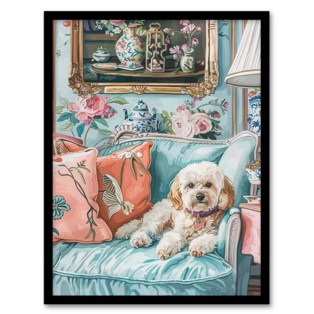 Cockapoo Dog Lover Pink Teal Couch Pet Home Decor Black Framed Wall Art Print A4