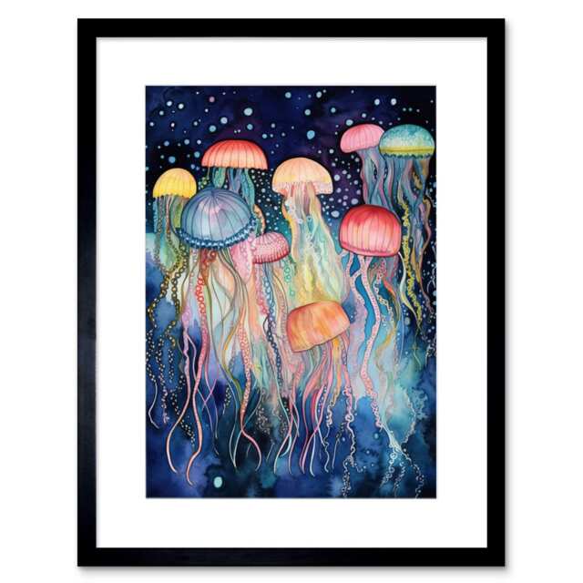 "Group Of Jellyfish Folk Art Watercolour 9x7"" Black Framed Wall Art Print"