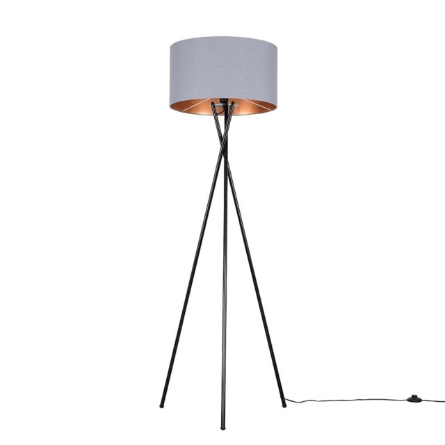 ValueLights Camden Black Tripod Floor Lamp Grey Copper Shade and Bulb
