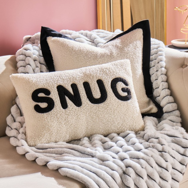 OHS Snug Slogan Soft Boucle Cushion Decorative Scatter Pillow, Monochrome