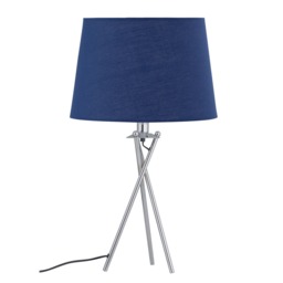 Tripod Table Lamp with Navy Cotton Fabric Shade Chrome Blue Large 1