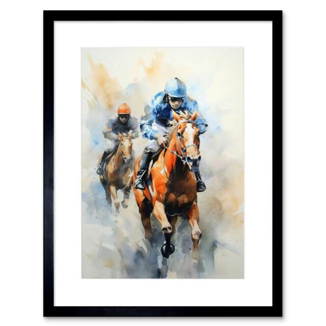 "Horse Racing Jockeys Racing Horses Race Sport 9x7"" Black Framed Wall Art Print"
