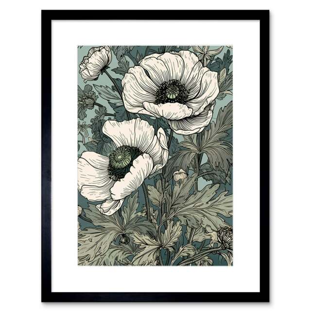 "Pastel Colour White Anemone Flower Bloom Field 9x7"" Black Framed Wall Art Print"