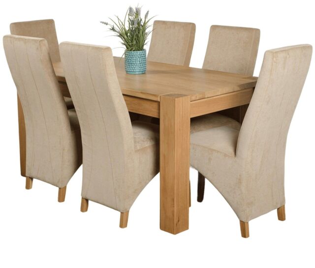 Kuba 150 x 85 cm Chunky Medium Oak Dining Table and 6 Lola Fabric Chairs Brown Beige