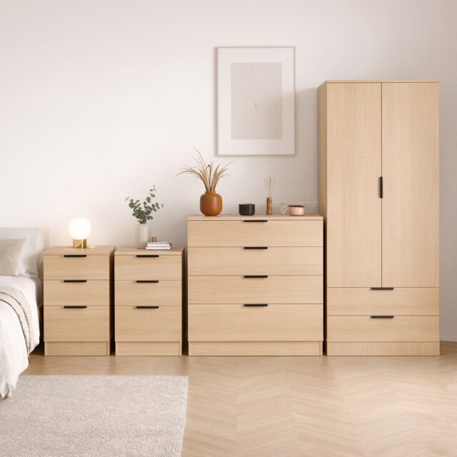 Vida Designs Trega 4 Piece Bedroom Set (3 Drawer Bedside Chest x2, 4 Drawer Chest, 2 Door 2 Drawer Wardrobe) Pine