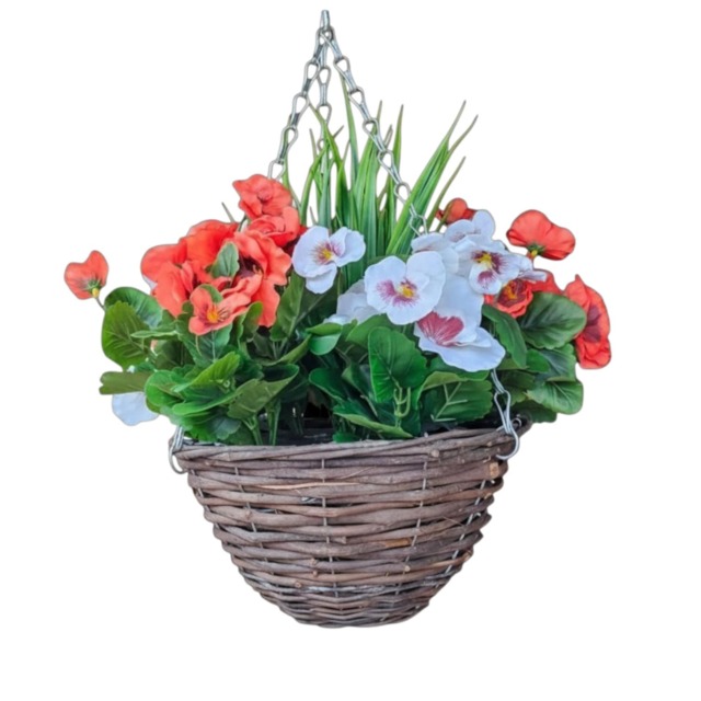 Best Artificial Red & White Pansy Flower with Decorative Rattan Hanging Basket for Indoor or Outdoor Use Red Red & White 1