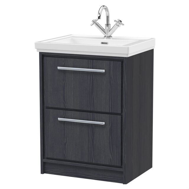 Balterley Longnor 2 Drawer Floor Standing Vanity Unit with 1 Tap Hole Traditional Fireclay Basin, Woodgrain Graphite Grey, 600mm