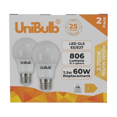 UniBulb LED GLS E27 806lm 7.3W 2700K (Warm White) Light Bulb - Pack of 2