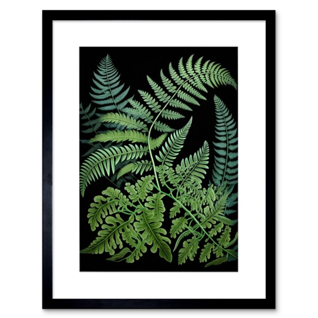 "Fern Fronds Ernst Haeckel Style Dark 9x7"" Black Framed Wall Art Print"