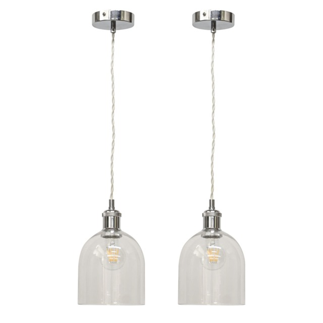 Set of 2 Belten - Clear Glass Cloche Chrome Retro Pendant Fittings