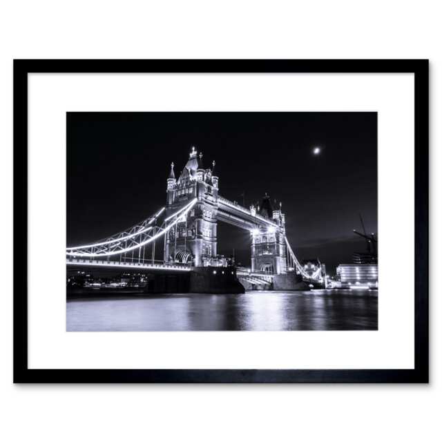 "Tower Bridge at Night London Black White Photograph 9x7"" Black Framed Wall Art Print"