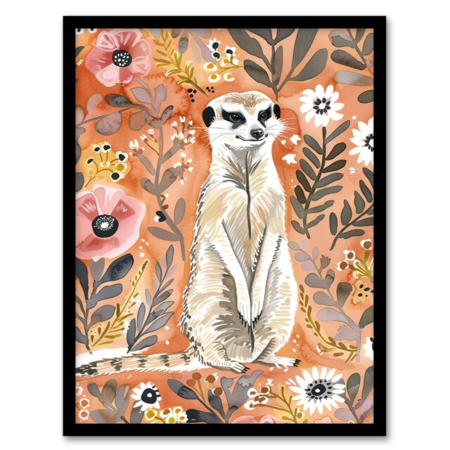 Meerkat with Wildflowers Orange Watercolour Black Framed Wall Art Print A4