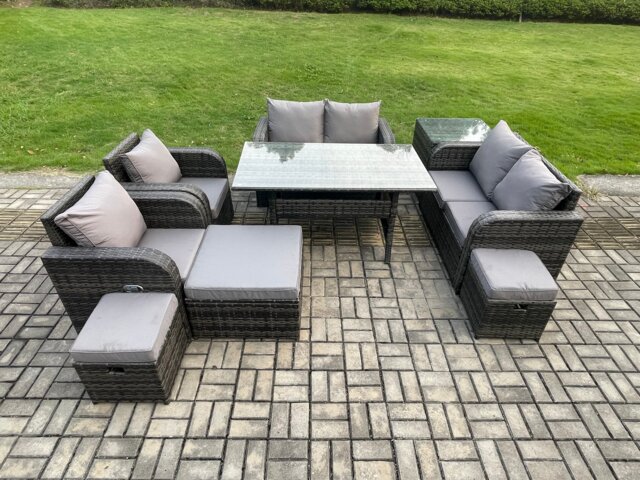 Fimous Outdoor Rattan Garden Furniture 9 piece Grey Patio Furniture Set 9 Seater Lounge Sofa Set with Rectangular Table Reclining Chairs 3 Stools Side Table