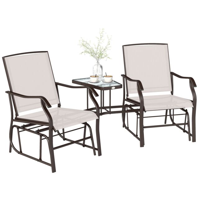 Outsunny Double Glider Companion Rocking Chairs Loveseat Garden Table Beige