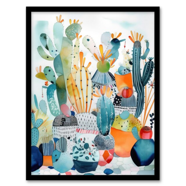 Abstract Cacti Garden Watercolour Cactus Black Framed Wall Art Print A4
