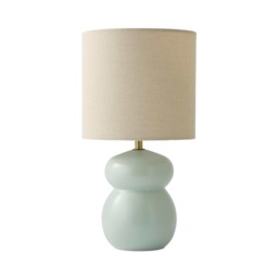 ValueLights Kendal Natural Linen Shade Blue Glazed Ceramic Table Lamp and Bulb