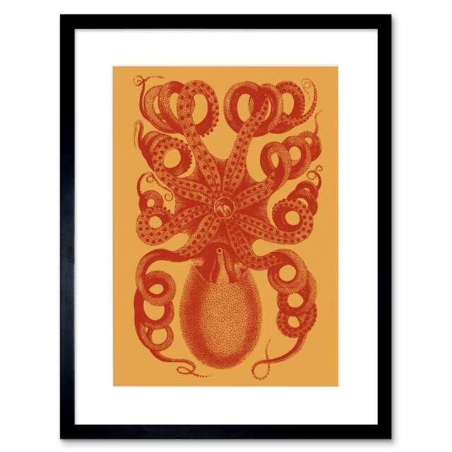 "Vintage Octopus Orange Sea Life Design Bathroom 9x7"" Black Framed Wall Art Print"