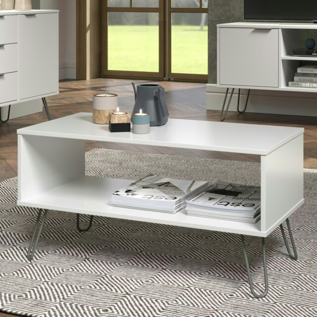 Augusta Industrial Open Coffee Table With Undershelf - Solid Wood Top and Black Metal Hairpin Legs White White One Size 1